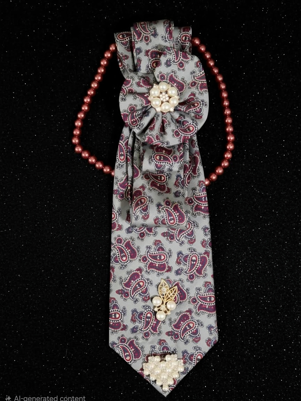 Elegant Paisley Necktie Necklace with Pearl Brooches - Gray & Burgundy